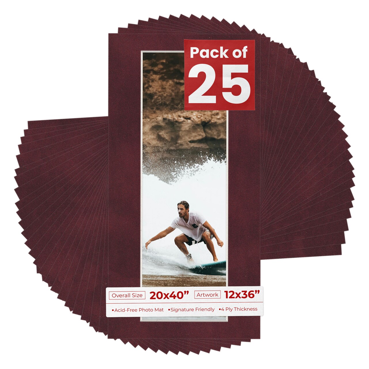 Dark Red Suede Mat Board for 20x40 Frames - Fits 12x36 Photos